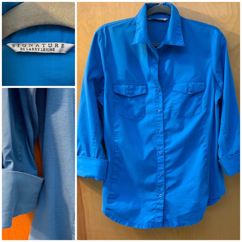 🔥5/$20🔥 “Signature by Larry Levine” Blue Button-Down Stretch Jersey Sides L